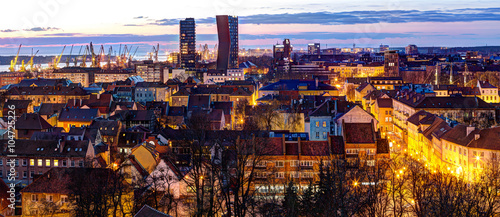 Aerial view of the Old town district. Klaipeda city in the evening time. Klaipeda, Lithuania.