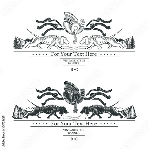 horn with ribbon and two dachshund opposite in forest hunting label or banner