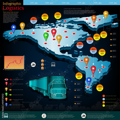 Logistic infographic. Map of America and Mexico with different info. Datas and plans of truck and delivery etc