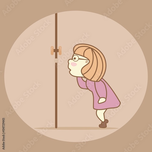 Naughty girl spying, peeping through the keyhole