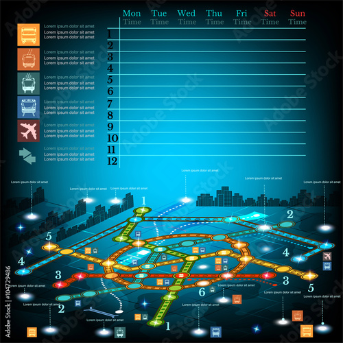 underground infographic with lines of metro on city map. Topography simbols, timetable on week and othe info