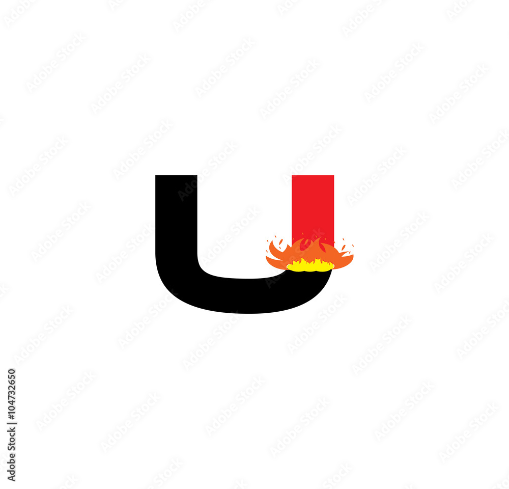 U initial letter with flame