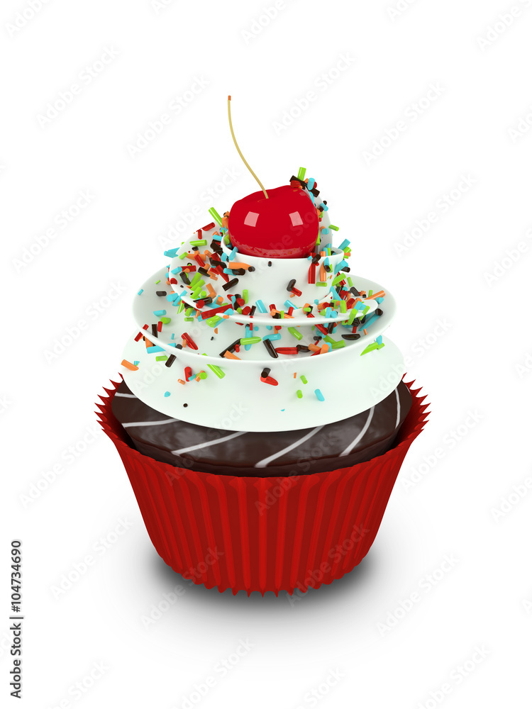 3d sweet cupcake with sprinkles isolated on white