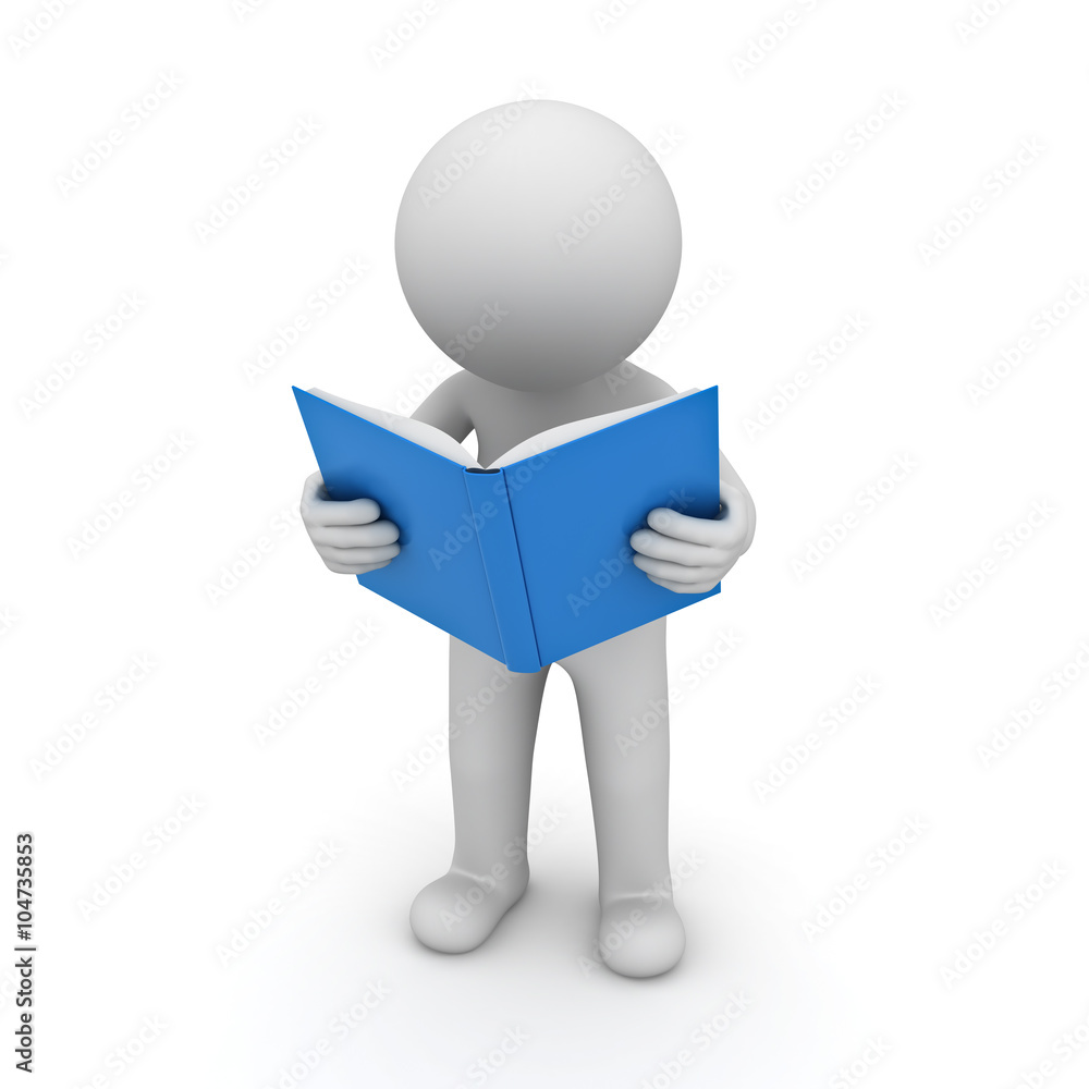 3d man standing and reading a blue book over white background 3d man standing and reading a blue book over white background