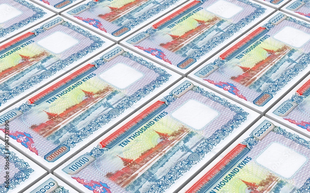 Myanmar kyat bills stacked background. Computer generated 3D photo rendering.