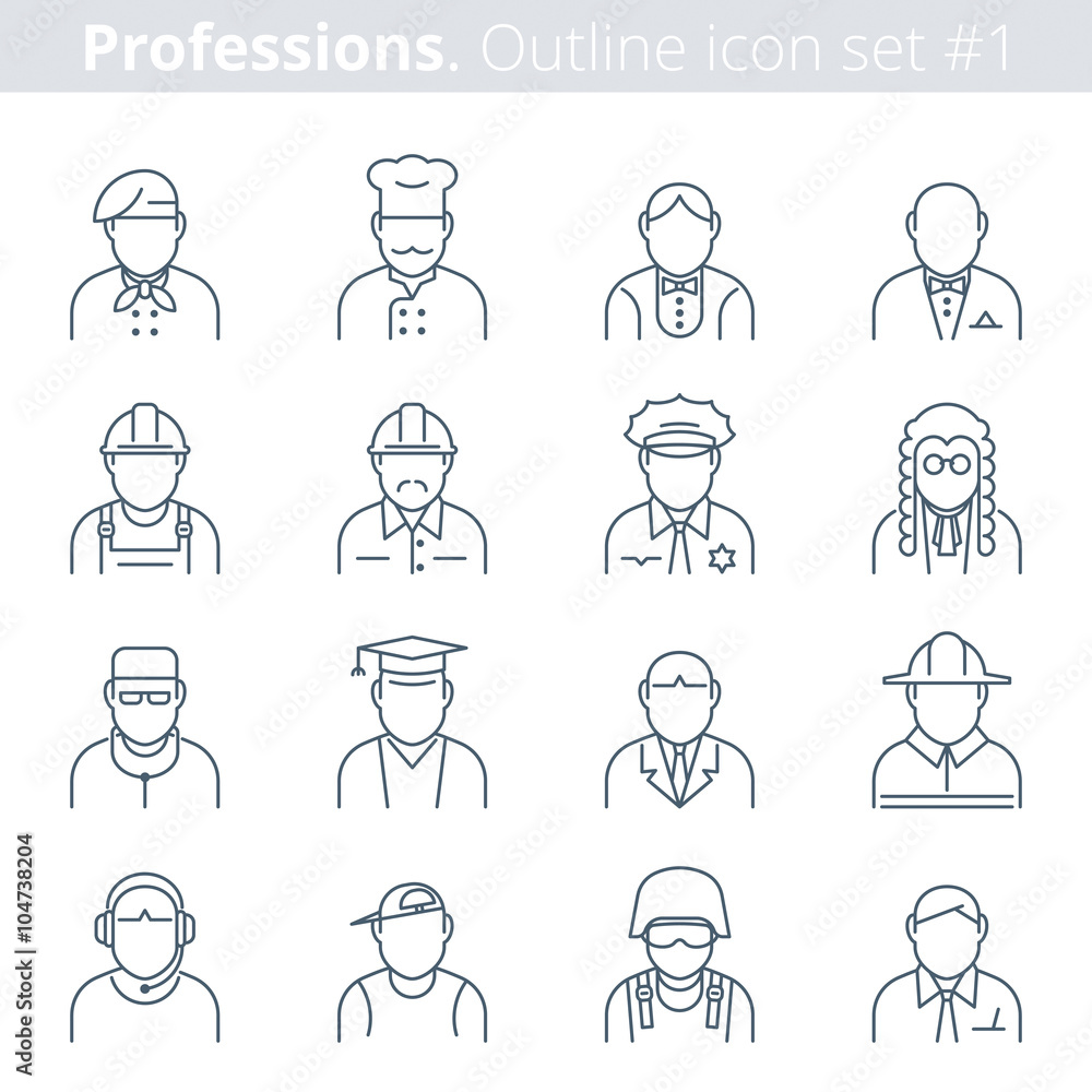 Thin line vector avatars group of professions people. Professions icons avatars set on white background. Premium quality icon collection. Suitable for infographics, web graphics, social networks. Thin line vector avatars group of professions people. Professions icons avatars set on white background. Premium quality icon collection. Suitable for infographics, web graphics, social networks.