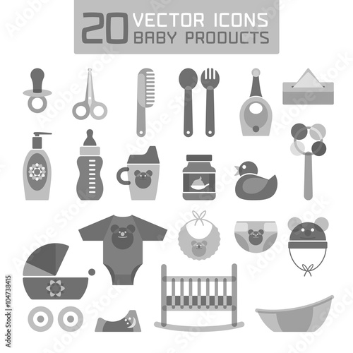Vector illustration of baby products. Icons for newborns