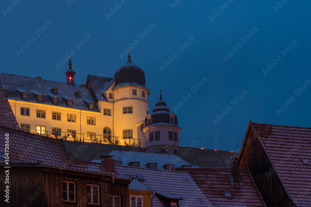 Schloss in Stolberg an einem Winterabend, Harz in Sachsen-Anhalt