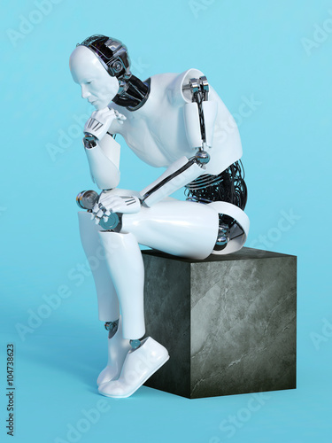 Robot man in thinking pose.