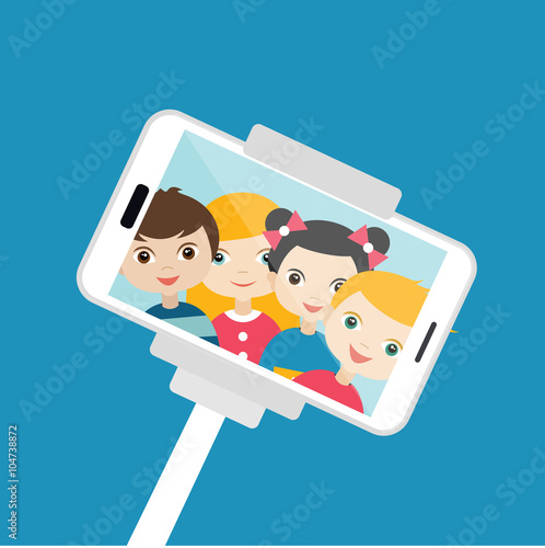 Children making  selfie photo. Vector cartoon illustration.