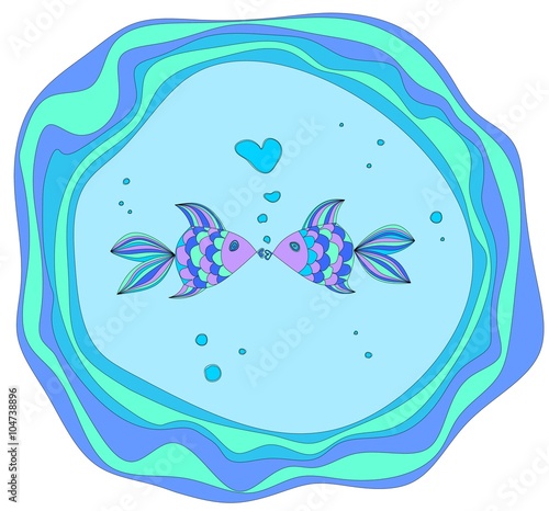 A creative illustration of a cute kissing couple of  fish  in love