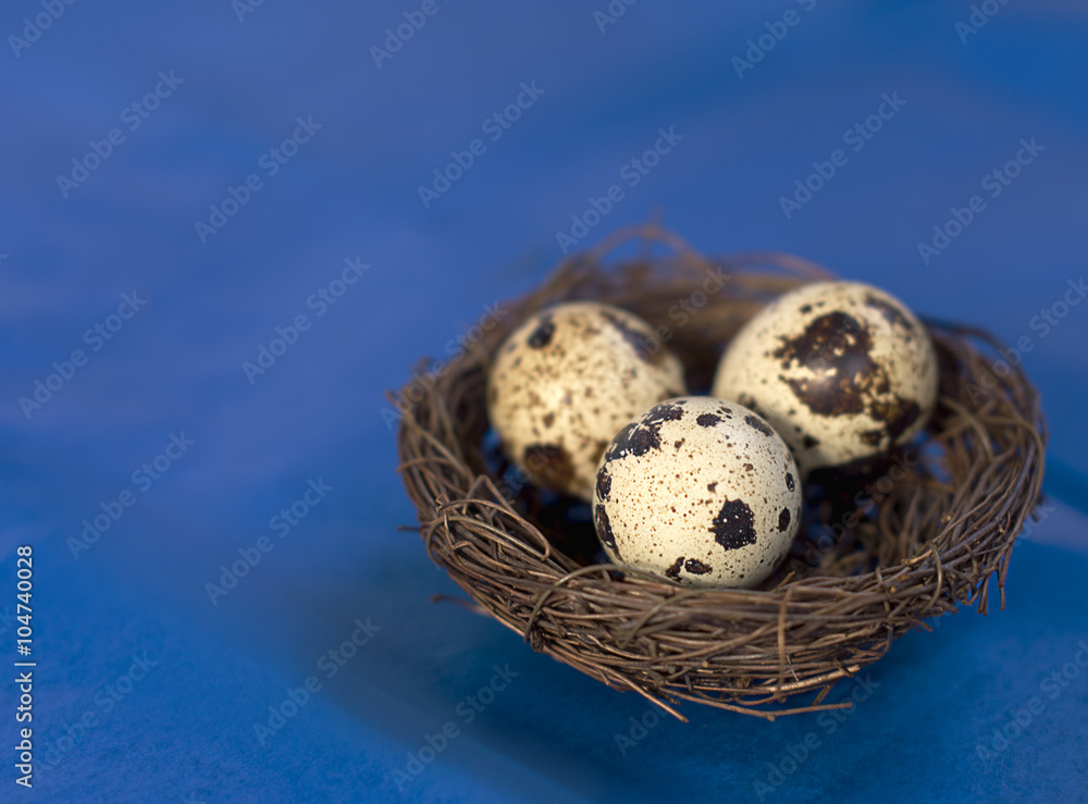 Easter eggs composition in blue tones with bow and nest Easter eggs composition in blue tones with bow and nest