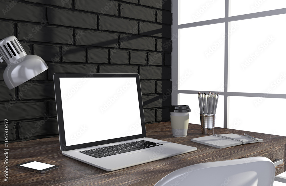 Fototapeta premium 3D illustration laptop and work stuff on table near brick wall, Workspace