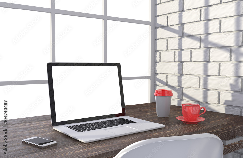 3D illustration laptop and work stuff on table near brick wall, Workspace 3D illustration laptop and work stuff on table near brick wall, Workspace