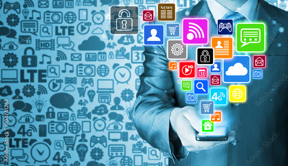 Business man using smart phone with social media icon set Business man using smart phone with social media icon set
