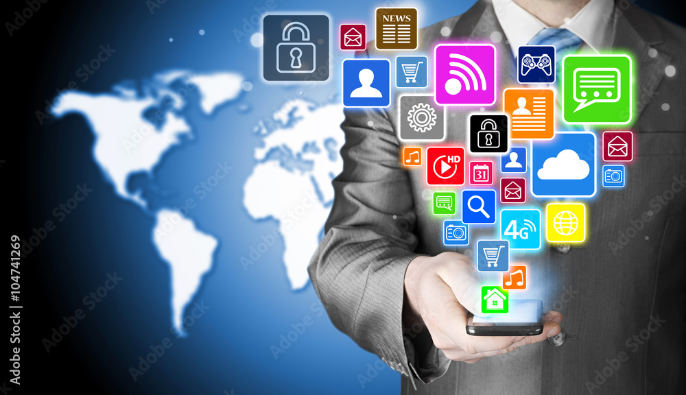 Business man using smart phone with social media icon set Business man using smart phone with social media icon set