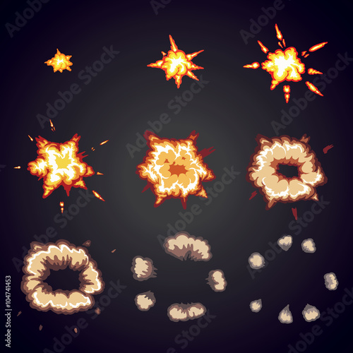 Explode effect animation. Cartoon bang explosion frames  
