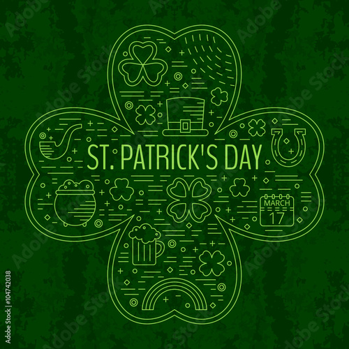 St. Patricks day line icons set in clover shape.