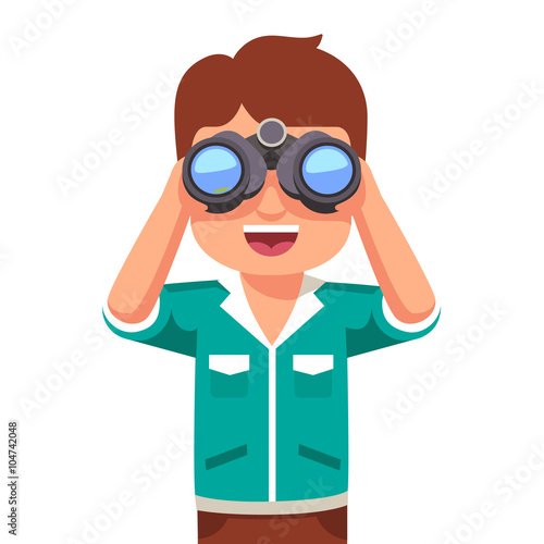 Happy boy kid looking through binoculars