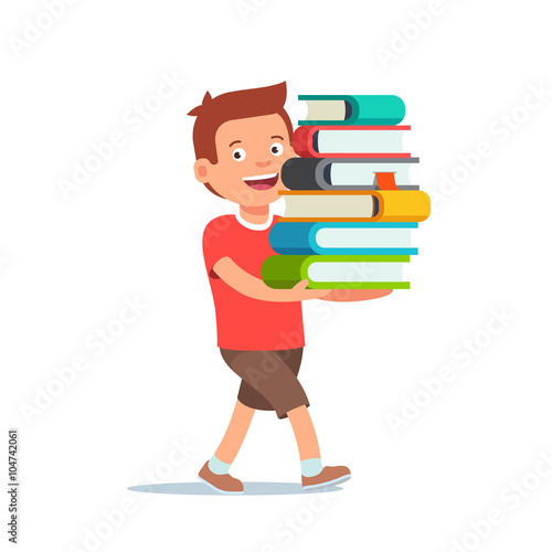 Boy walking with big pile of books in his hands