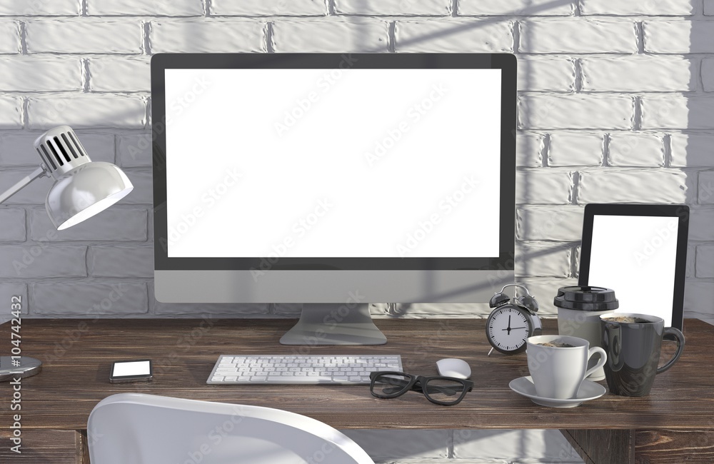 Fototapeta premium 3D illustration PC screen on table in office, Workspace