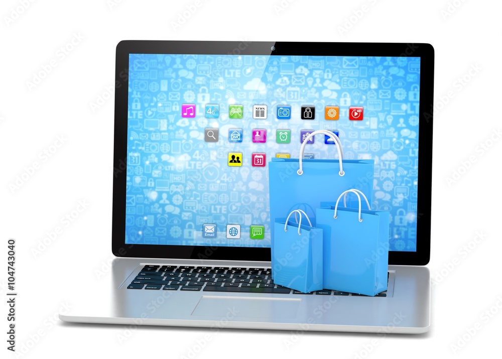 laptop and shopping pags on white background laptop and shopping pags on white background
