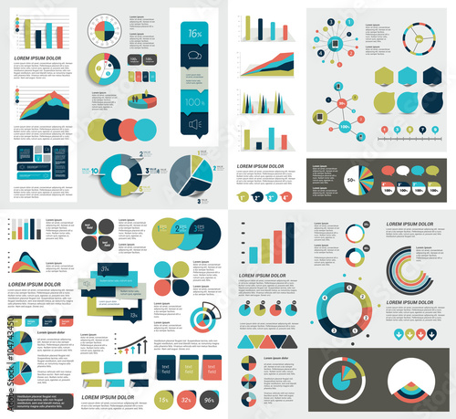 Mega set of infographics elements charts, graphs, circle charts, diagrams, speech bubbles. Flat and 3D design. Vector.