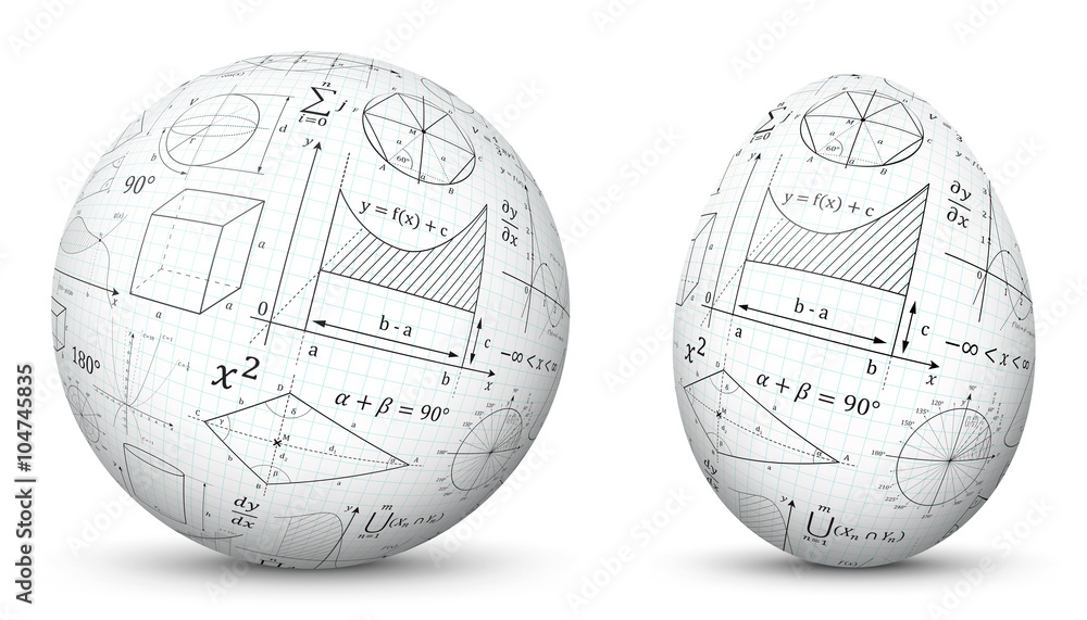 3D Vector Kugel und Ei - Sphäre und Oval isoliert auf reinem Weiß - Weißer Hintergrund - Mathematische Formeln - Mathematik Formelsammlung Textur. Freigestellt mit Schatten.