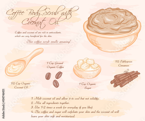 vector hand drawn illustration of coffee scrub with coconut oil recipe