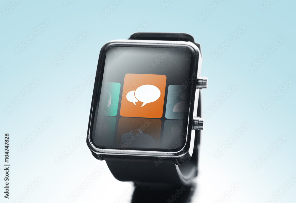 close up of black smart watch with messenger icon close up of black smart watch with messenger icon
