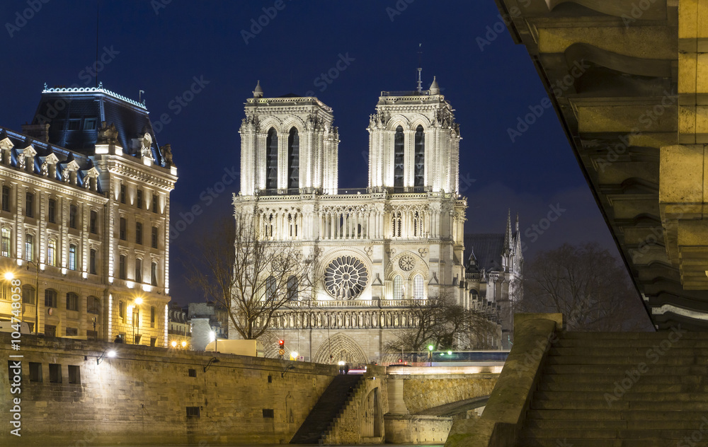 The Notre Dame cathedra in evening l, Paris, France.