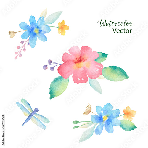 Watercolor colored bouquets of flowers.