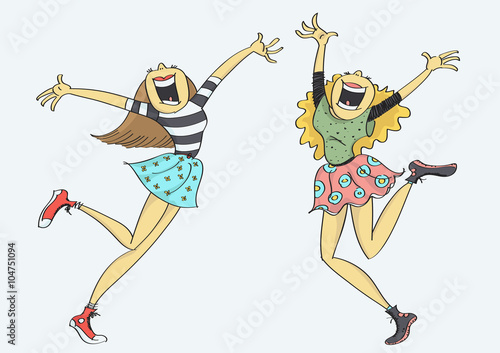 Funny cartoon of two wacky, cute, stylish girls jumping and laughing with joy.