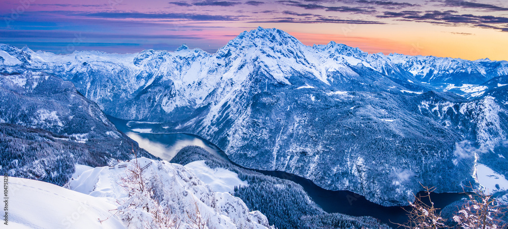 Königssee and Watzmann winter panorama at sunset from Jenner summit, Bavaria, Germany