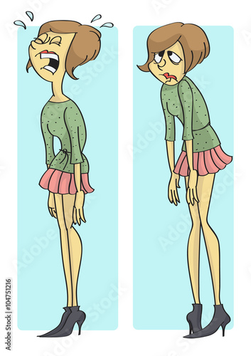 Funny cartoon of sad, unhappy, depressed woman crying, two different poses.