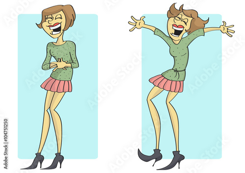 Funny cartoon of woman laughing and jumping with joy, two different poses.