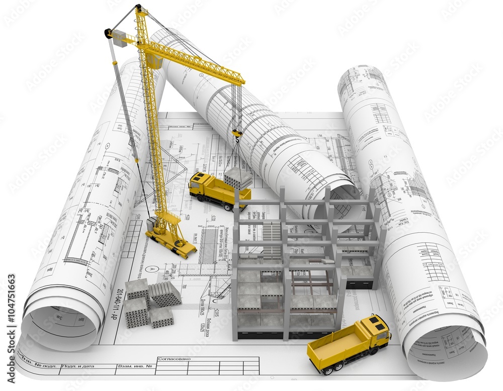 Rolls architectural drawings with construction equipment and new