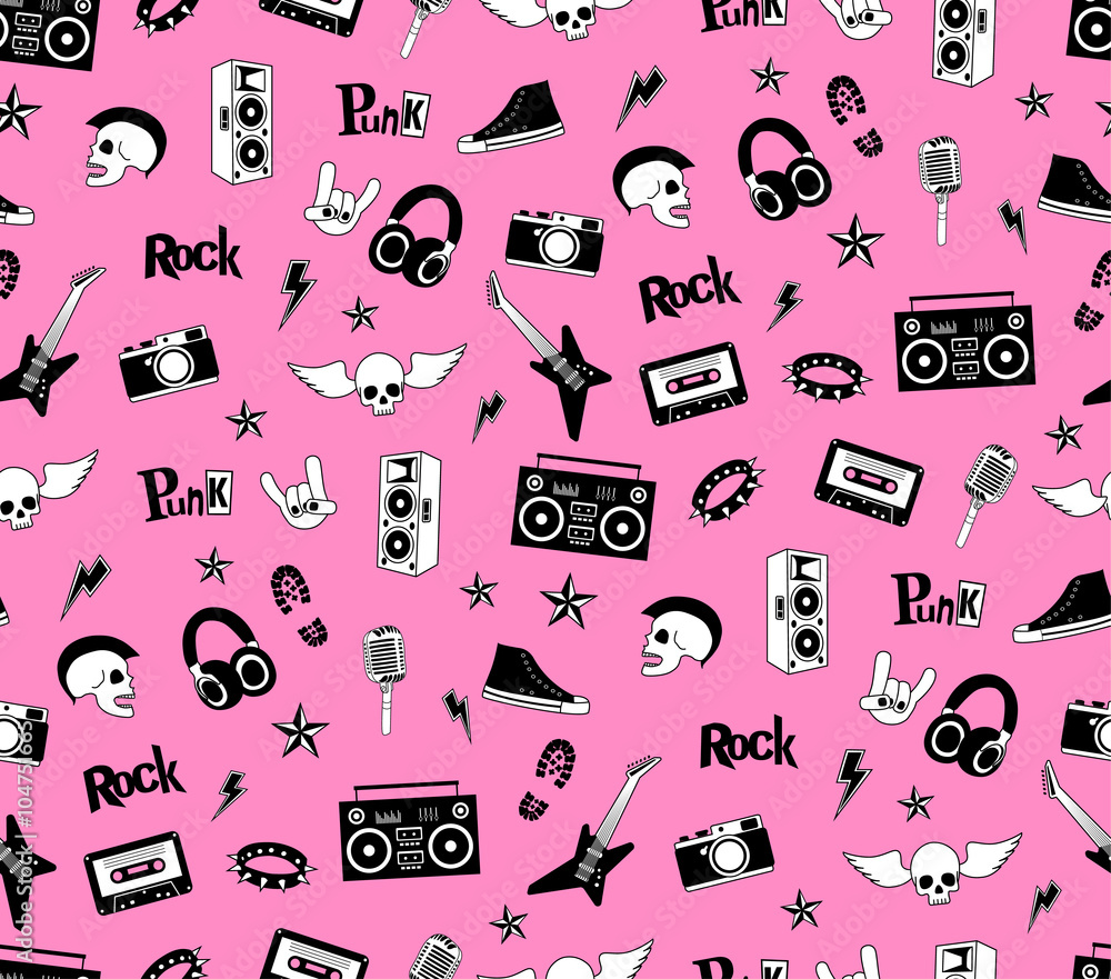 Seamless pattern. Punk rock music isolated on pink background. Doodle style  elements, emblems, badges, logo and icons. Stock-Vektorgrafik | Adobe Stock