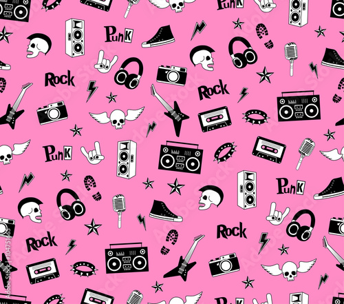 Seamless pattern. Punk rock music isolated on pink background. Doodle style elements, emblems, badges, logo and icons. 