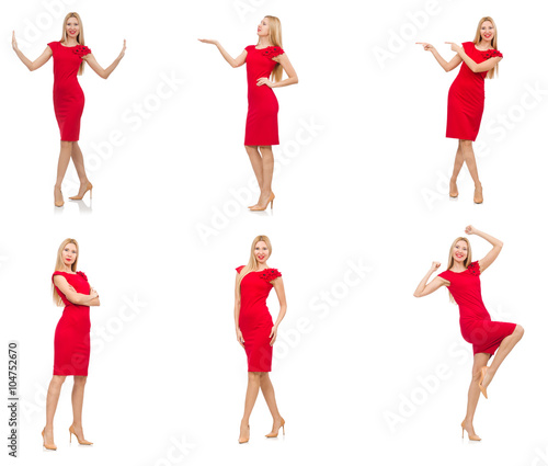 Woman in red dress isolated on white