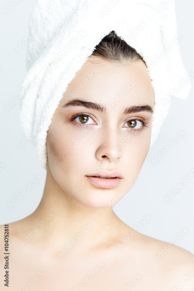 beautiful woman with white towel on his head. Spa Woman. Beautiful Girl After Bath. Perfect Skin. Skincare. Young Skin beautiful woman with white towel on his head. Spa Woman. Beautiful Girl After Bath. Perfect Skin. Skincare. Young Skin