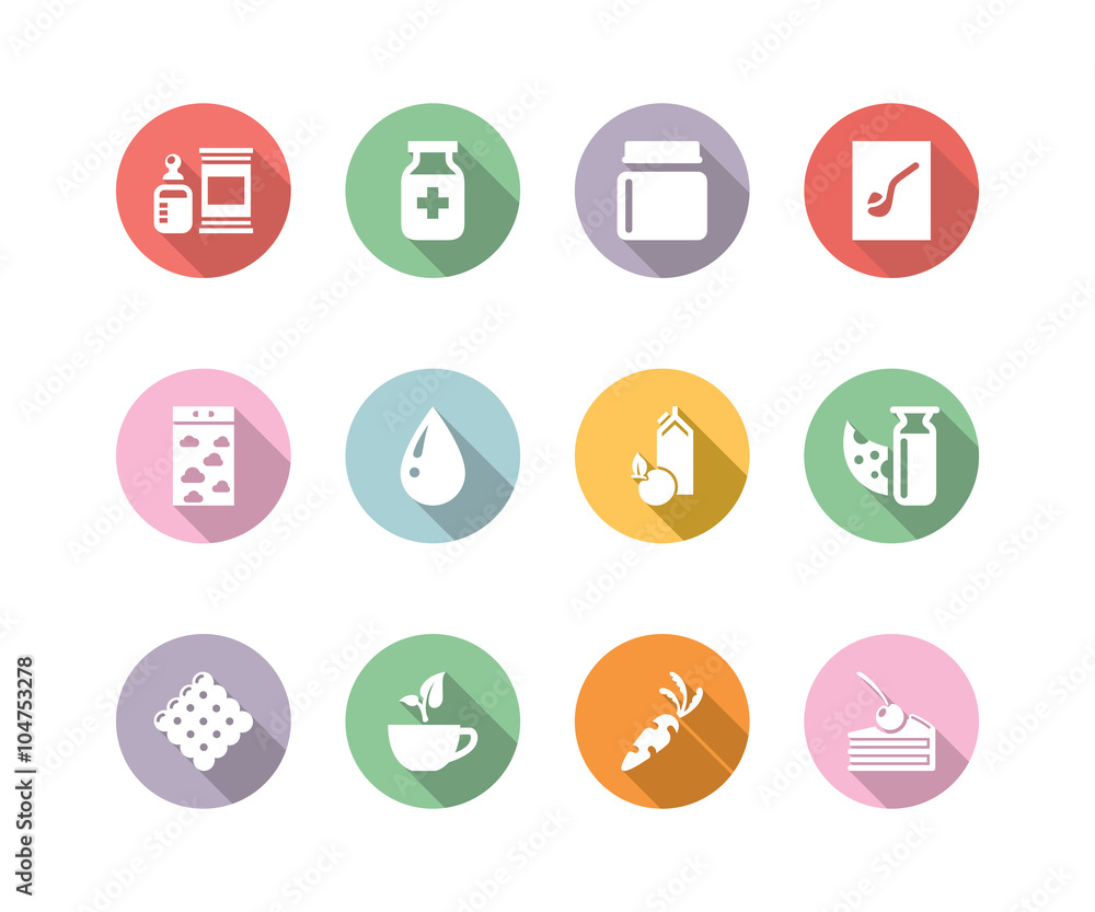 icon set gastronomy color with long shadow