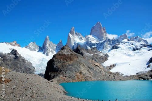 Panoramic view of the Fitz Roy mountain range in El Chaltén in Argentina