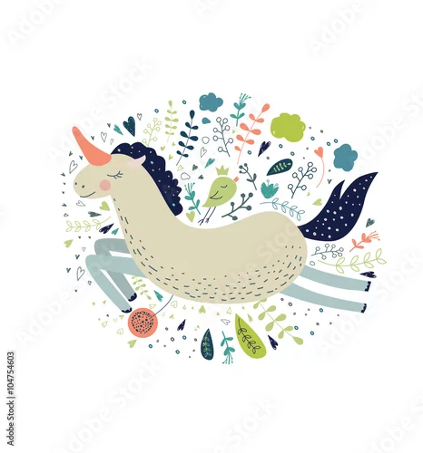 Naklejka na ścianę Urocza magiczna kolekcja z jednorożcem, tęczą, skrzydłami wróżki. Marzenie