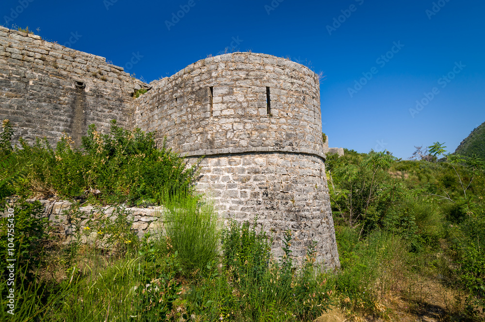 Stone walls and defence tower of Tvrdava Mogren fortress Stone walls and defence tower of Tvrdava Mogren fortress