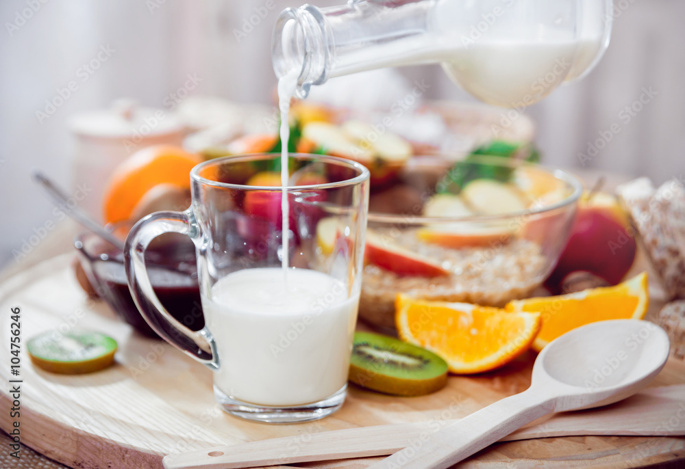 Beautiful breakfast. Milk,fruits, bread Beautiful breakfast. Milk,fruits, bread