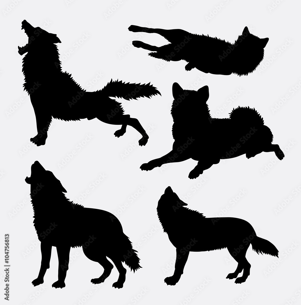Naklejka premium Wolf wild animal and action silhouette. Good use for symbol, logo, web icon, mascot, sign, avatar, or any design you want. Easy to use.