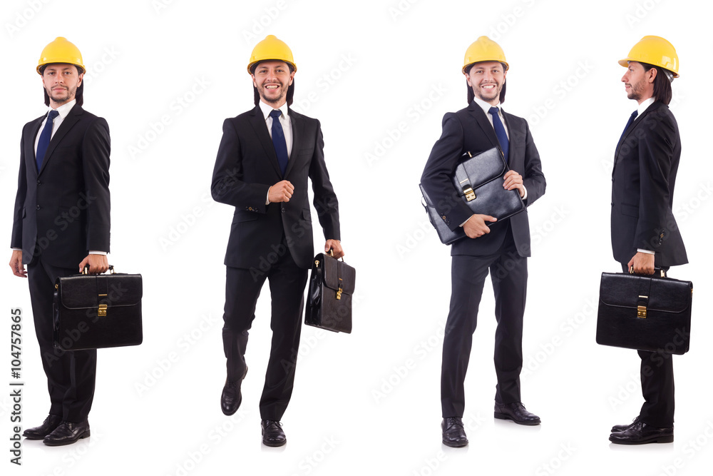 Young architect wearing hardhat on white Young architect wearing hardhat on white