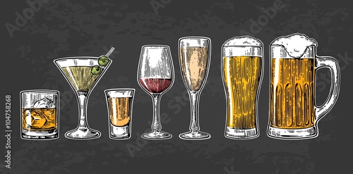 Set glass for beer, whiskey, wine, tequila, cognac, champagne, brandy, cocktails, liquor. Vector engraved illustration isolated on dark vintage background.