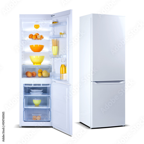 Two white refrigerators with open doors, fridge freezers isolated on white